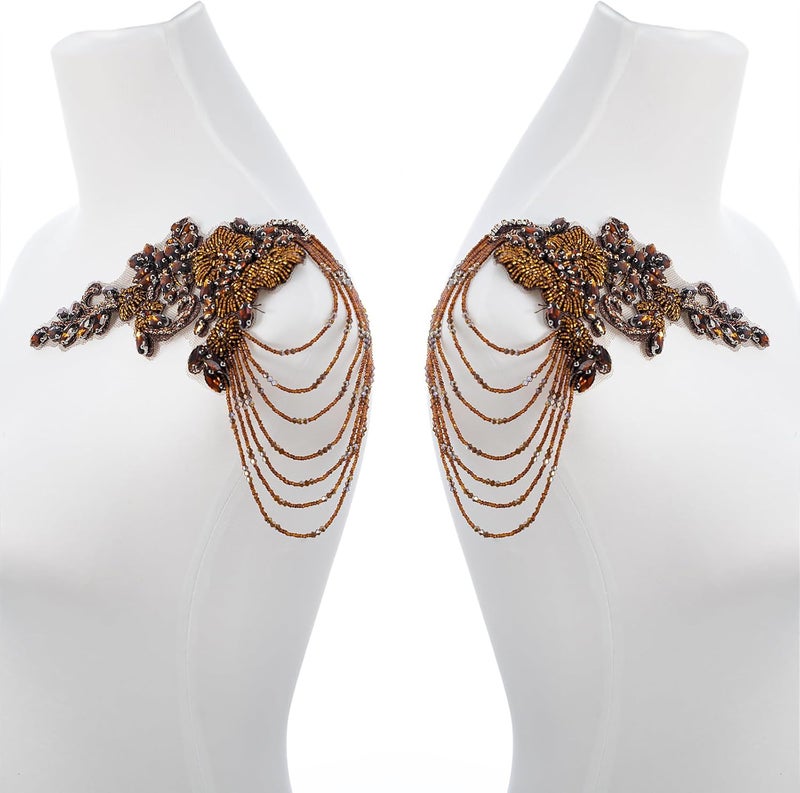 amusediy Brown Pair Beaded Rhinestones Applique Embellishment for Clothes,Epaulettes Shoulder Patches Sew-on Diamond Sequin Applique for Wedding Dress DIY Accessories - Image 2